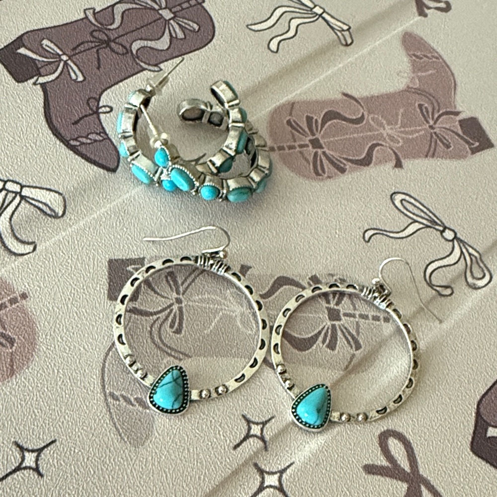 Silver-Tone Turquoise Hoop Earrings and Ring Set